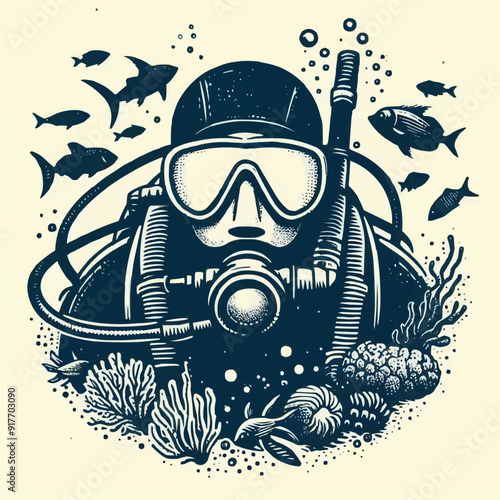 hand drawn scuba diver silhouette