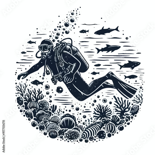 hand drawn scuba diver silhouette