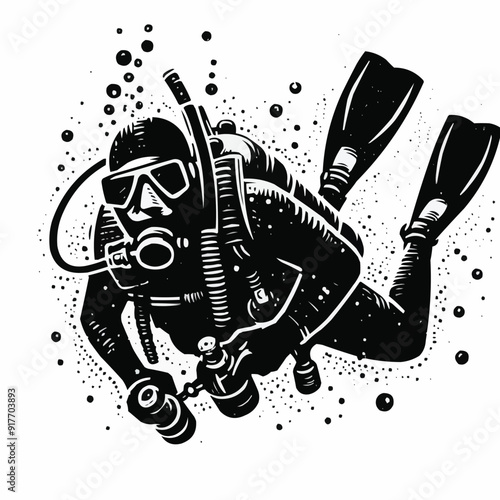 hand drawn scuba diver silhouette