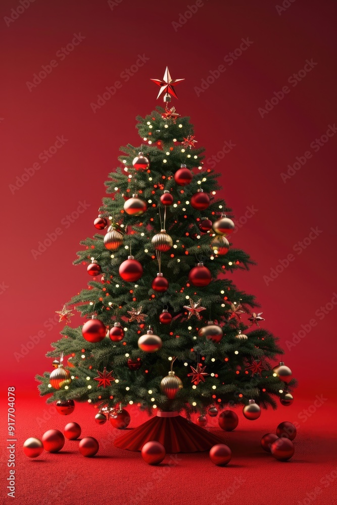 A decorated Christmas tree with a red skirt and red ornaments stands in front of a red backdrop A decorated Christmas tree with a red skirt and red ornaments stands in front of a red backdrop