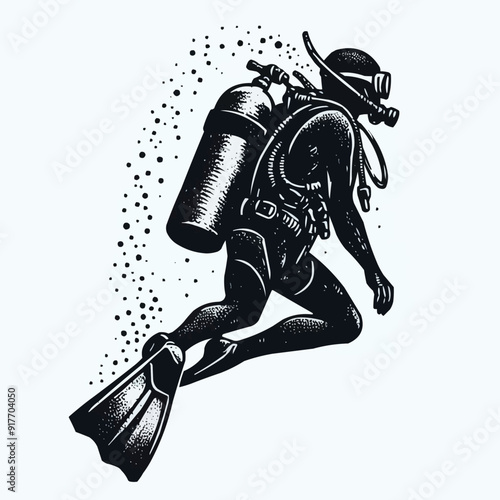 hand drawn scuba diver silhouette