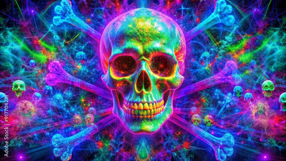 Psychedelic Skull and Crossbones with Neon Glow - A skull with crossed bones radiating vibrant neon colors, symbolizing death, danger, life, rebirth, and psychedelic experiences. Psychedelic Skull and Crossbones with Neon Glow - A skull with crossed bones radiating vibrant neon colors, symbolizing death, danger, life, rebirth, and psychedelic experiences.