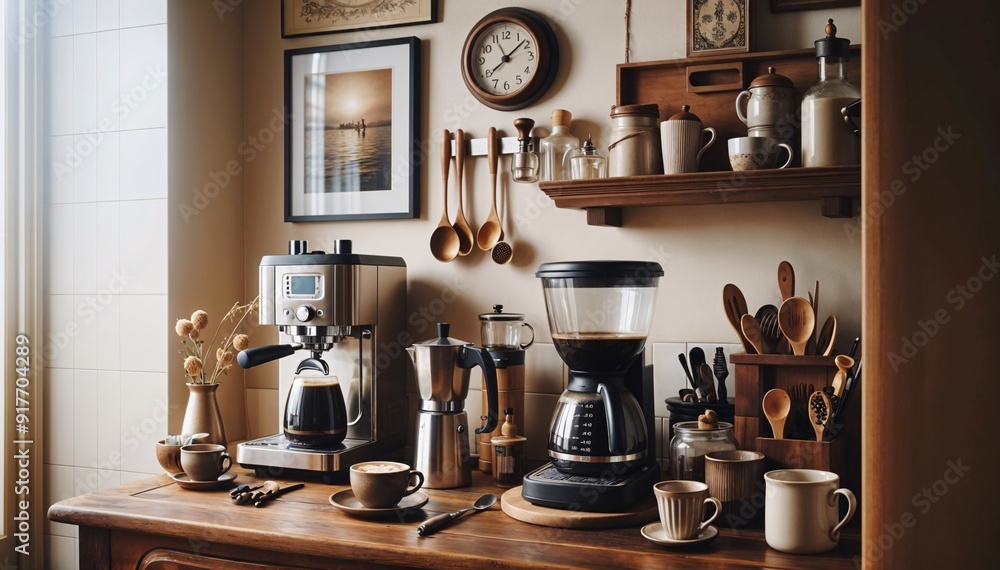 A kitchen scene with various utensils on a table, including pots, pans, and a kettle A kitchen scene with various utensils on a table, including pots, pans, and a kettle