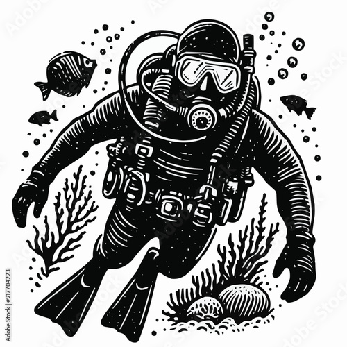 hand drawn scuba diver silhouette