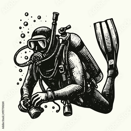 hand drawn scuba diver silhouette