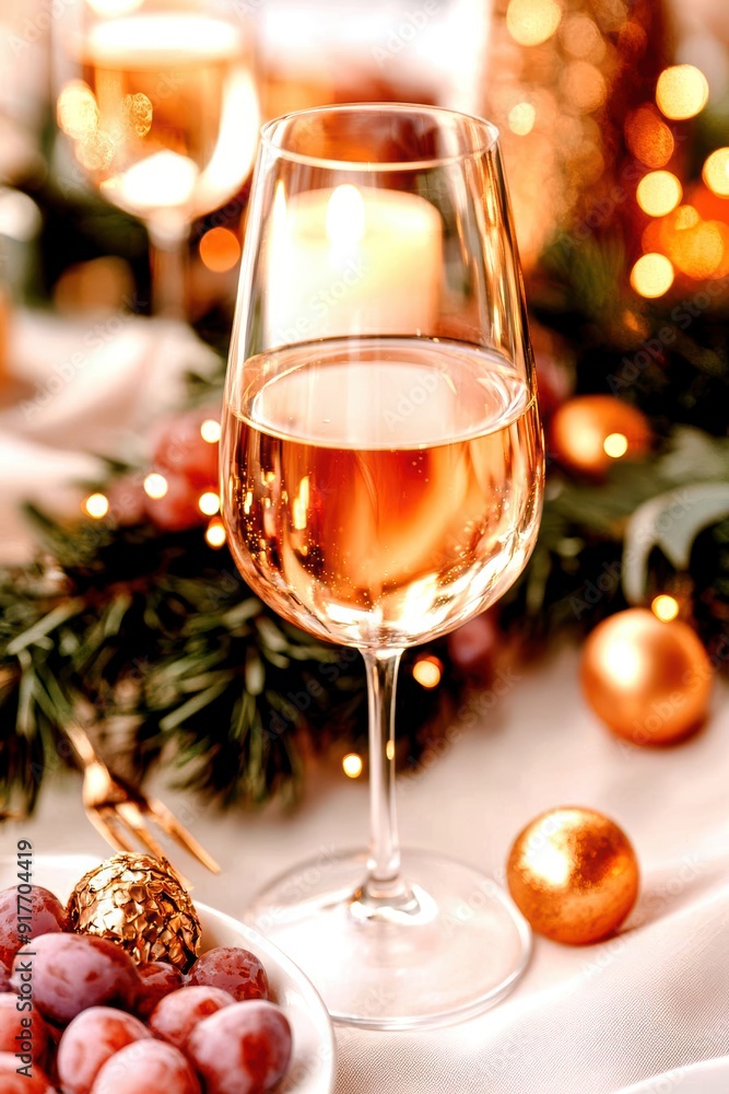 A festive scene featuring a glass of rose champagne, surrounded by grapes, ornaments, and warm candlelight, perfect for celebrations. A festive scene featuring a glass of rose champagne, surrounded by grapes, ornaments, and warm candlelight, perfect for celebrations.