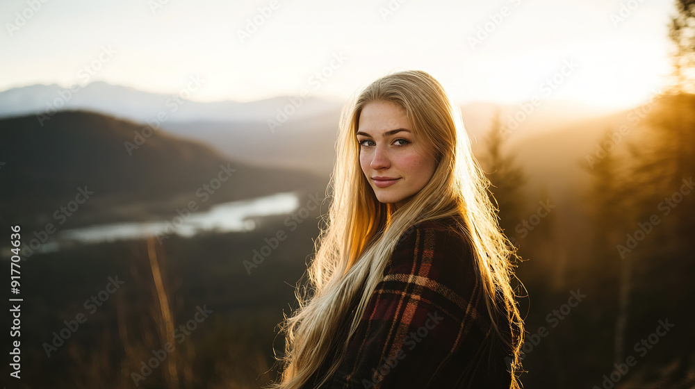 Blonde Canadian Woman Looking at the Camera While Hiking on a Mountain, Long Hair and Scenic Background Captured with Studio Lighting Blonde Canadian Woman Looking at the Camera While Hiking on a Mountain, Long Hair and Scenic Background Captured with Studio Lighting