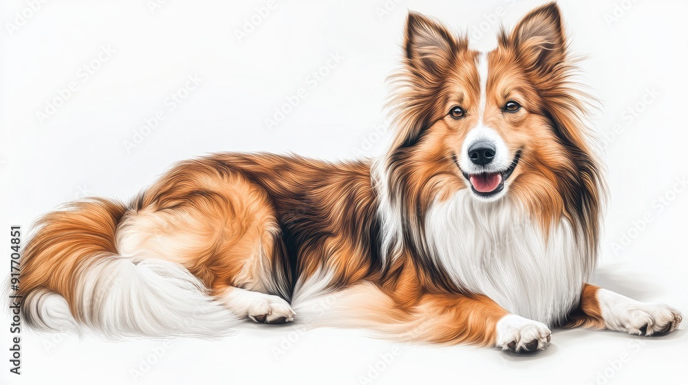 A cheerful Shetland Sheepdog with a gentle smile, lying down on a transparent background, perfect for pet care product advertising. A cheerful Shetland Sheepdog with a gentle smile, lying down on a transparent background, perfect for pet care product advertising.