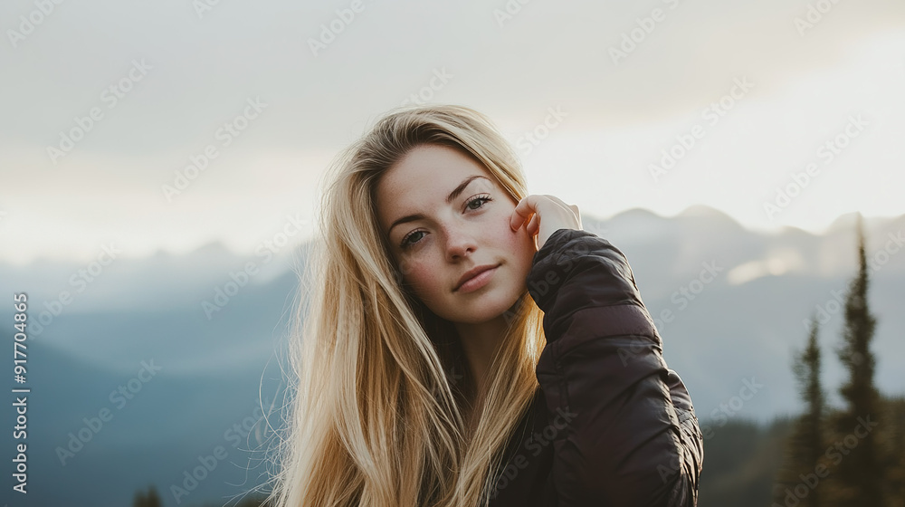Cinematic Portrait of a Beautiful Blonde Canadian Woman on a Mountain Hike, Long Hair and Scenic Landscape Highlighted with Studio Lighting Cinematic Portrait of a Beautiful Blonde Canadian Woman on a Mountain Hike, Long Hair and Scenic Landscape Highlighted with Studio Lighting