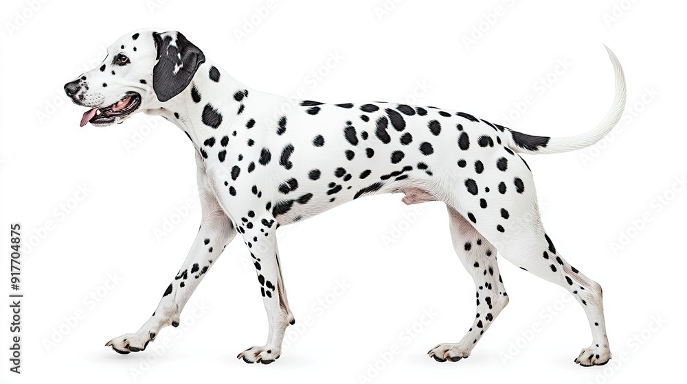 A confident Dalmatian dog captured mid-walk, isolated on a white background, showcasing its elegance and athletic build. A confident Dalmatian dog captured mid-walk, isolated on a white background, showcasing its elegance and athletic build.