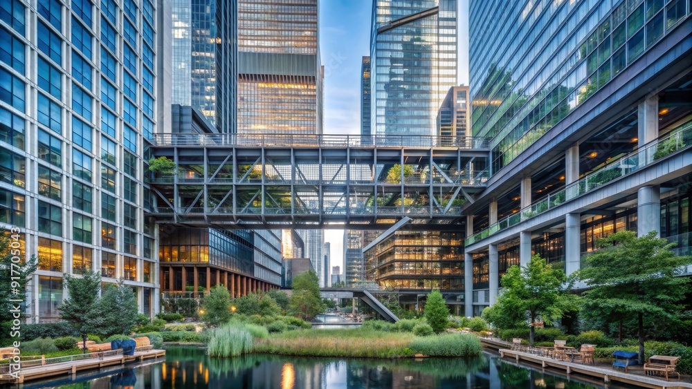 Modern Urban Oasis: Skybridges and Greenery in a Cityscape - A tranquil oasis amidst towering skyscrapers, showcasing a pedestrian bridge connecting buildings, lush greenery, a reflecting pond, and a 