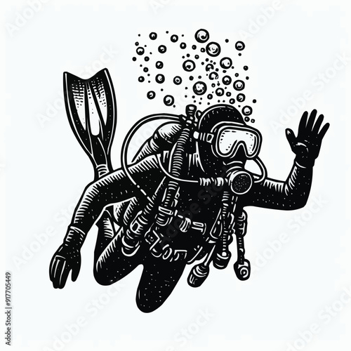 hand drawn scuba diver silhouette