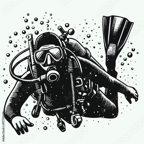 hand drawn scuba diver silhouette