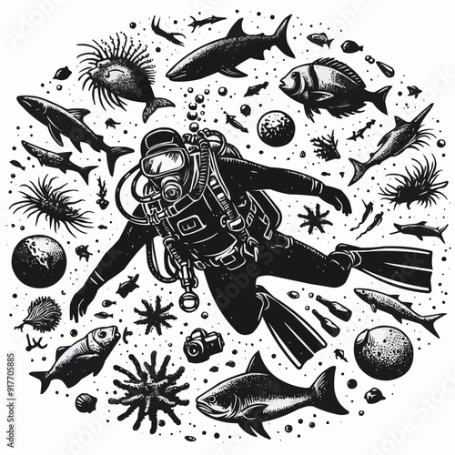 hand drawn scuba diver silhouette