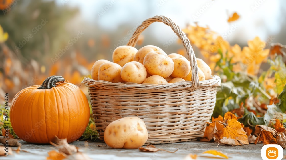 A vibrant autumn scene featuring a basket of fresh potatoes and a pumpkin surrounded by colorful leaves. A vibrant autumn scene featuring a basket of fresh potatoes and a pumpkin surrounded by colorful leaves.
