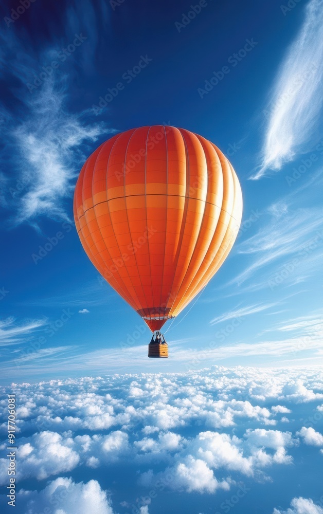 Fototapeta premium A vibrant orange hot air balloon soaring above fluffy white clouds against a clear blue sky, evoking a sense of adventure and freedom.