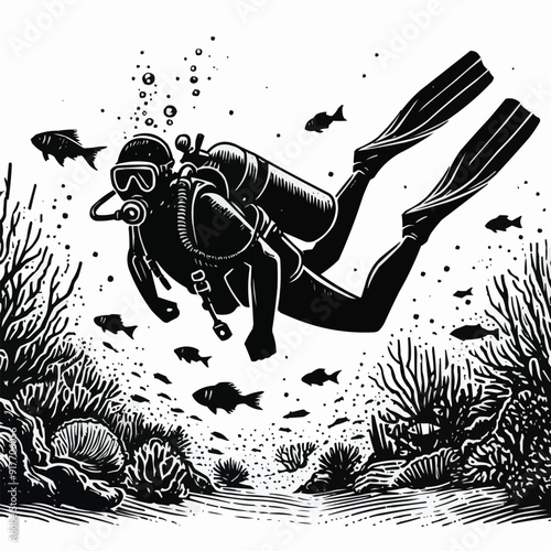hand drawn scuba diver silhouette