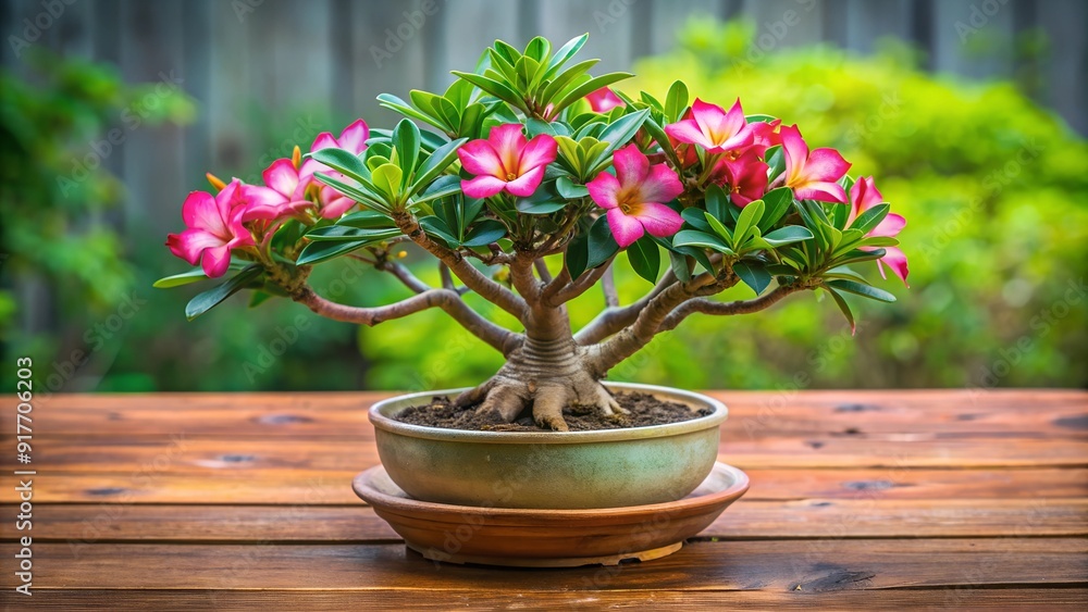 Pink Adenium Bonsai Displayed on a Wooden Surface Pink Adenium Bonsai Displayed on a Wooden Surface