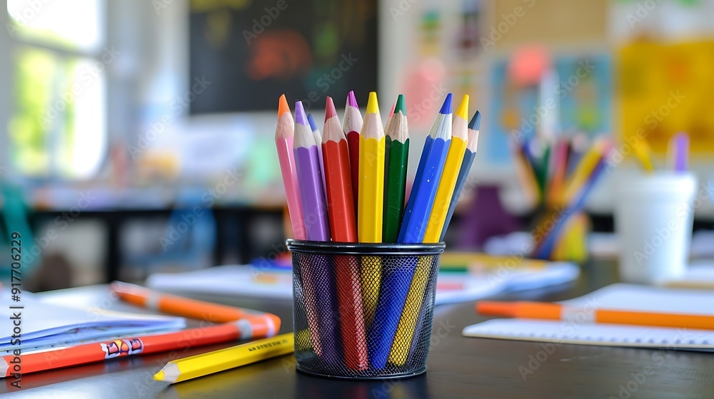 A bright set of crayons and markers on an academic table