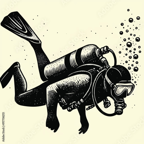 hand drawn scuba diver silhouette