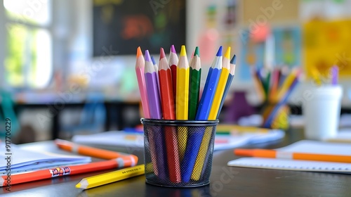 Obraz na płótnie A bright set of crayons and markers on an academic table w salonie