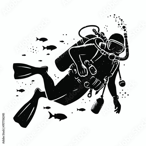 hand drawn scuba diver silhouette