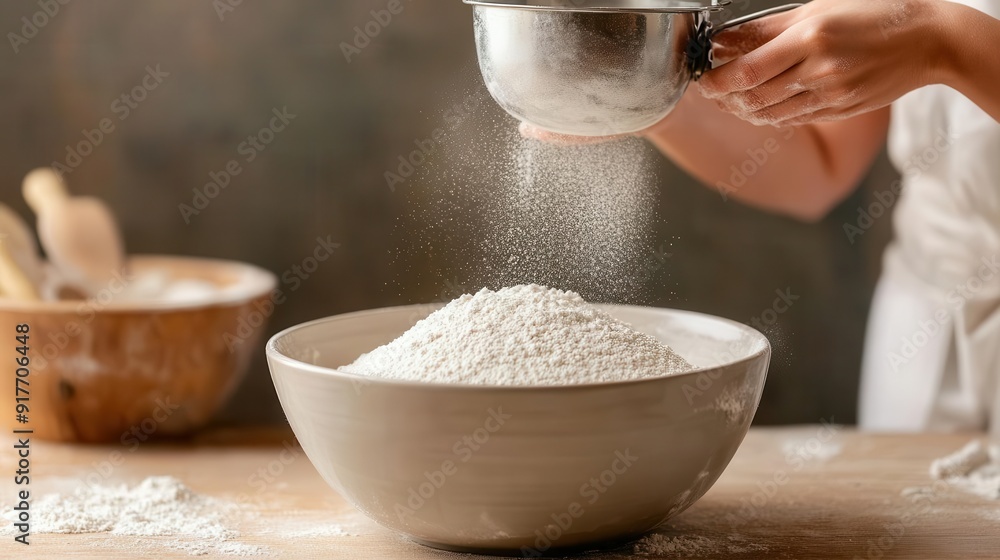 Fototapeta premium Baker sifting flour over mixing bowl, closeup, soft light, rustic kitchen v2