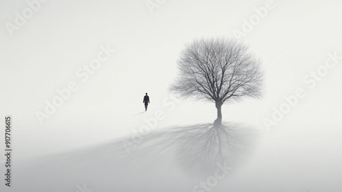 Solitude in Winter's Embrace: A lone figure walks towards a solitary tree amidst a foggy expanse, capturing the essence of tranquility and introspection. 