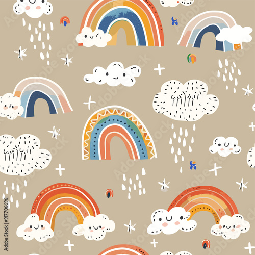 Seamless pattern with colorful rainbows and cute clouds on a beige background. Perfect for children's textile, wallpaper, or wrapping paper.