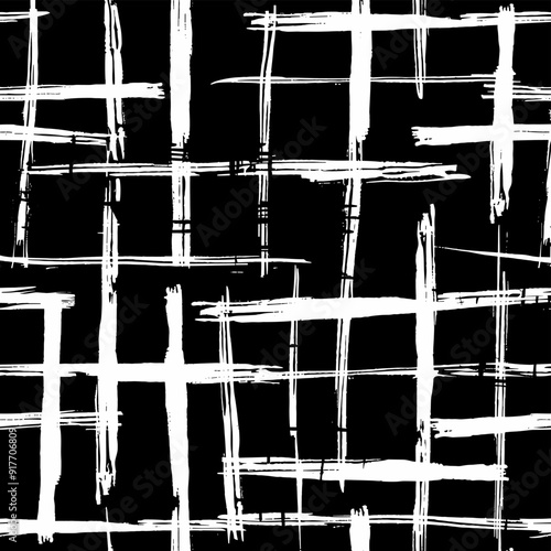 Abstract black and white grid pattern with thick white brush strokes on a black background.