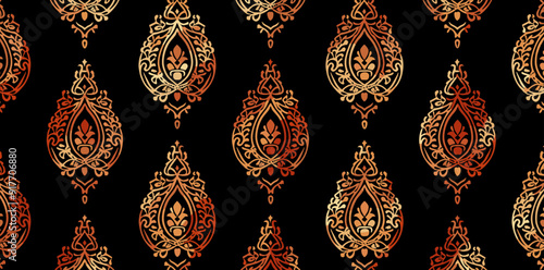 Seamless pattern with ornate golden damask motifs on a black background. The intricate designs feature intricate details and a vintage, luxurious feel.