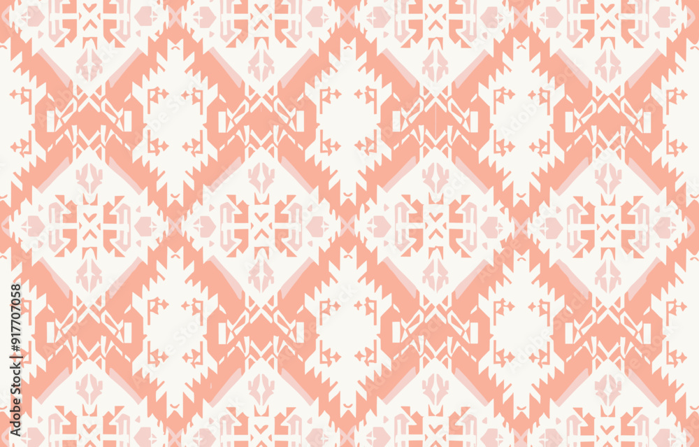 Fototapeta premium Seamless pattern of white and coral geometric shapes forming an abstract, tribal design on a textured background.