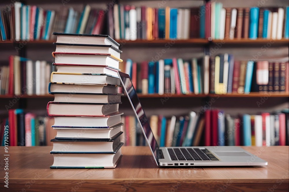 A stack of books is on a wooden table next to an open laptop. Shelves filled with books are in the background. A stack of books is on a wooden table next to an open laptop. Shelves filled with books are in the background.