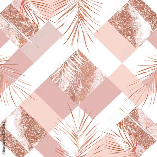 Seamless pattern featuring pink and white geometric shapes overlaid with delicate palm leaves in a copper foil finish.