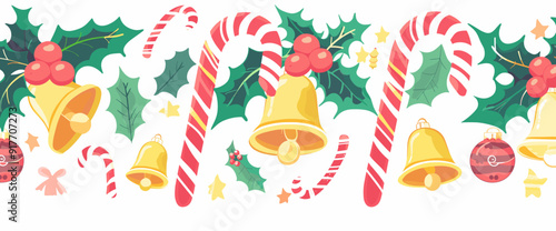 Festive Christmas border with holly, bells, candy canes, and ornaments, perfect for seasonal greetings, gift wrapping, and holiday decorations.