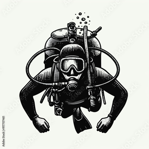 hand drawn scuba diver silhouette