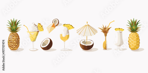 A vibrant illustration featuring tropical cocktails, pineapples, coconuts, and a beach umbrella, ideal for summer-themed designs and branding.