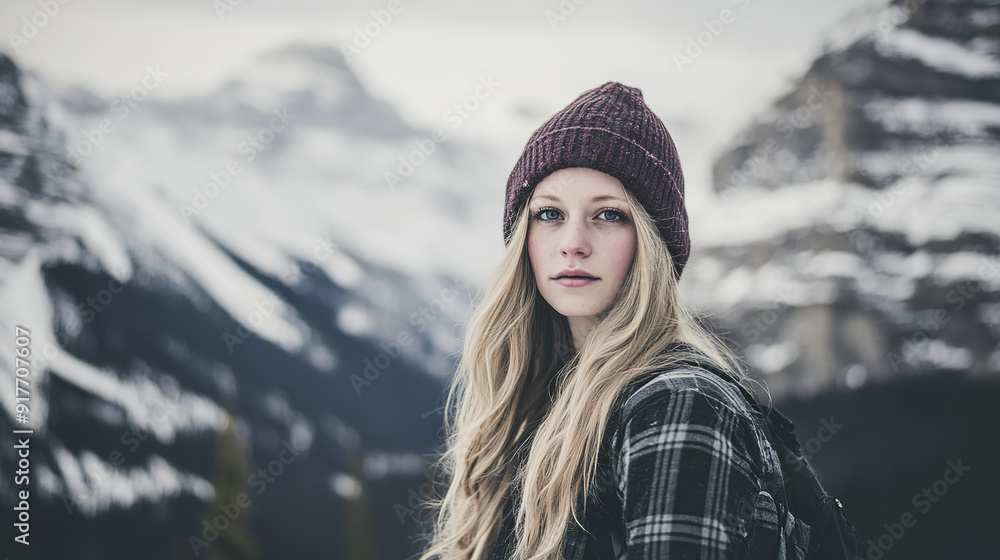 Beautiful Blonde Canadian Woman Hiking in the Mountains, Long Hair Flowing, Captured in a High-Quality Portrait with Studio Lighting Beautiful Blonde Canadian Woman Hiking in the Mountains, Long Hair Flowing, Captured in a High-Quality Portrait with Studio Lighting