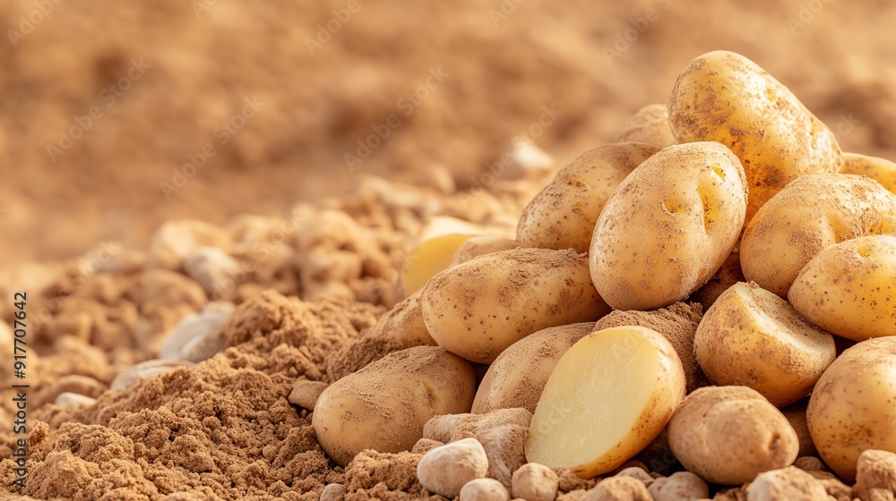 A close-up of freshly harvested potatoes resting on rich, brown soil, showcasing their earthy texture and natural beauty. A close-up of freshly harvested potatoes resting on rich, brown soil, showcasing their earthy texture and natural beauty.