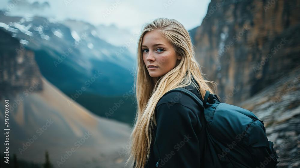Blonde Canadian Woman with Long Hair on a Mountain Hike, Portrait in Cinematic Style with Professional Studio Lighting and Breathtaking Scenery Blonde Canadian Woman with Long Hair on a Mountain Hike, Portrait in Cinematic Style with Professional Studio Lighting and Breathtaking Scenery