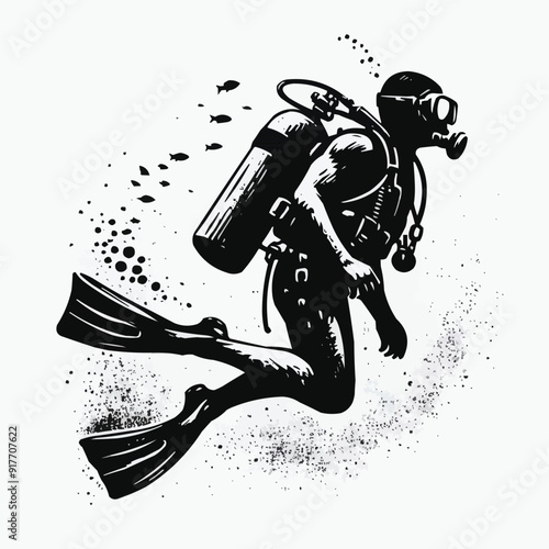 hand drawn scuba diver silhouette