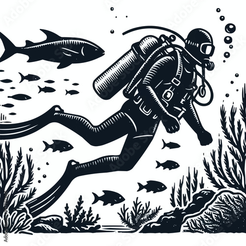 hand drawn scuba diver silhouette