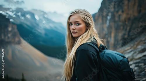 Blonde Canadian Woman with Long Hair on a Mountain Hike, Portrait in Cinematic Style with Professional Studio Lighting and Breathtaking Scenery