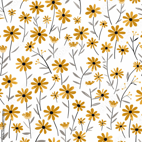 A seamless pattern of mustard yellow flowers with black centers and gray leaves on a white background. The simple design is perfect for adding a touch of nature to any project.