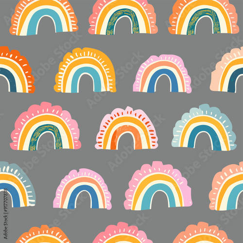 A seamless pattern featuring colorful rainbows with a textured finish against a grey background. The rainbows are stylized with scalloped edges, adding a playful touch to the design.
