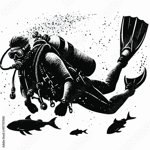 hand drawn scuba diver silhouette