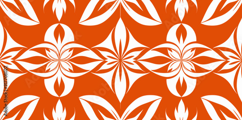 A vibrant orange and white pattern with intricate floral designs, creating a symmetrical and captivating background.