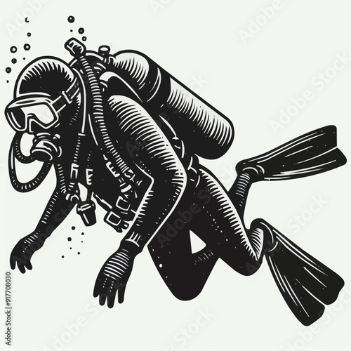 hand drawn scuba diver silhouette