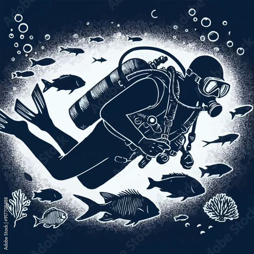 hand drawn scuba diver silhouette