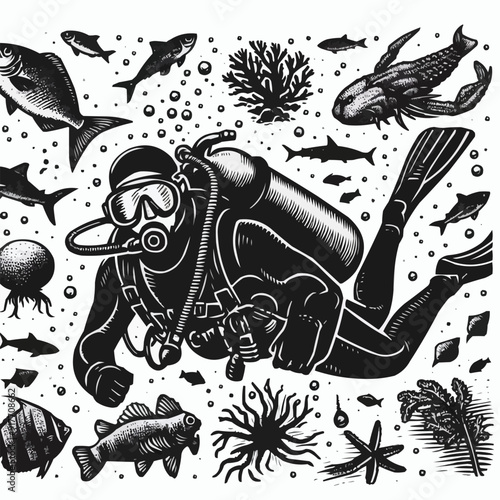hand drawn scuba diver silhouette